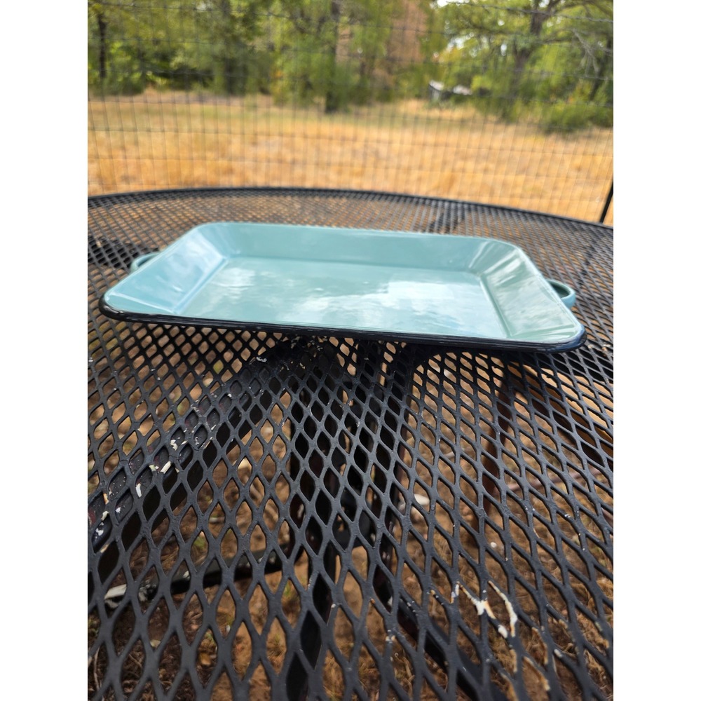 Turquoise Blue Enamelware Serving Tray Rectangular Platter Handles Black Rim - Picture 2 of 6
